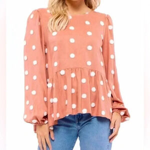 BLU PEPPER BOUTIQUE SIZE M PINK & WHITE POLKA DOT BLOUSE TOP TEXTURED DOTS RETRO
